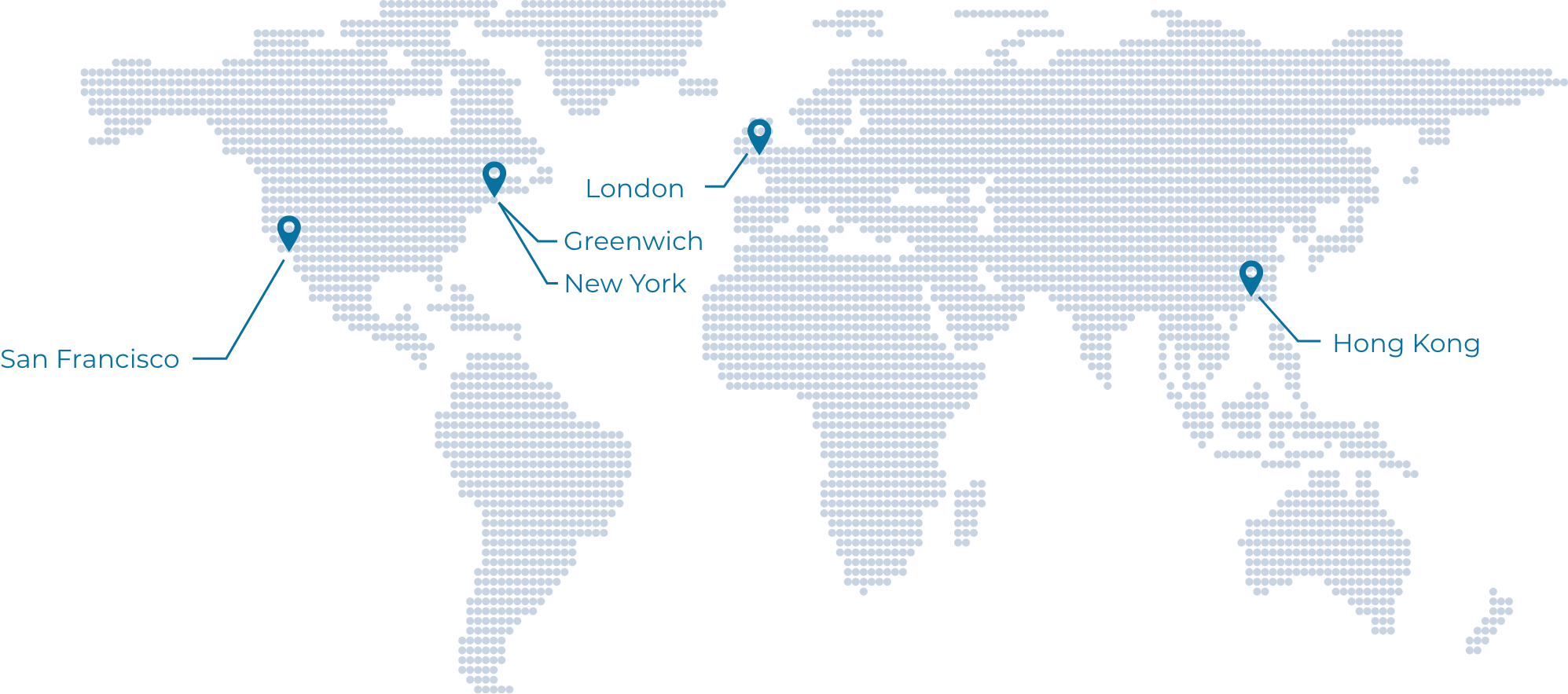World map with markers showing the five Viking office locations in San Francisco, Greenwich, New York, London, and Hong Kong.